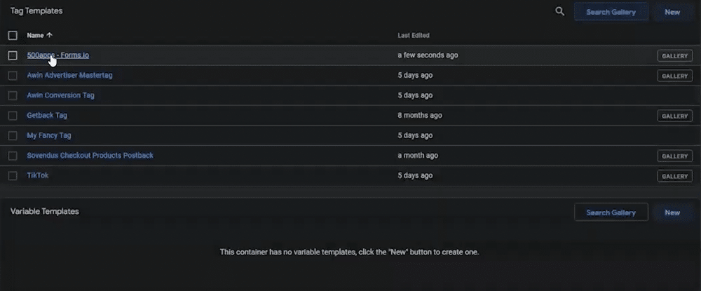 ‘Tag Templates’ section of a GTM account