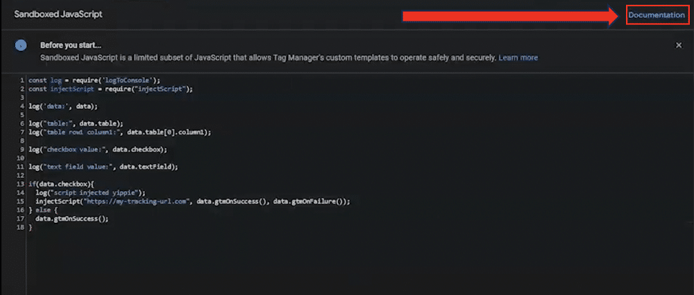 'Documentation' link highlighted on the sandboxed javascript section of a GTM template