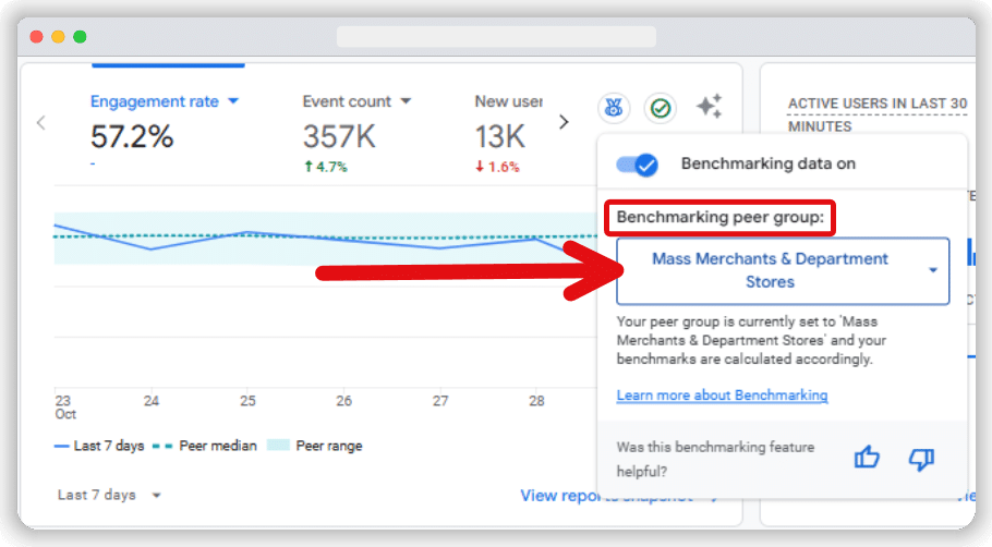 'Benchmarking peer group' drop down menu highlighted