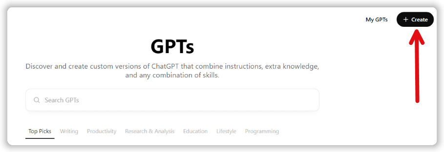 Button to create custom GPT in chatgpt