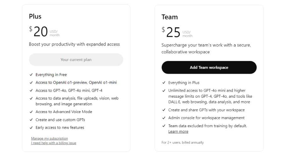 ChatGPT plus vs team pricing