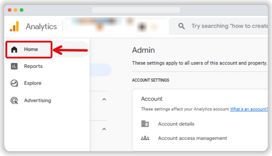 Home section of a GA4 account