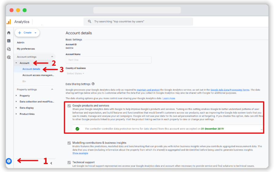 Modelling contributions & business insights_ tickbox in admin section of a google analytics account