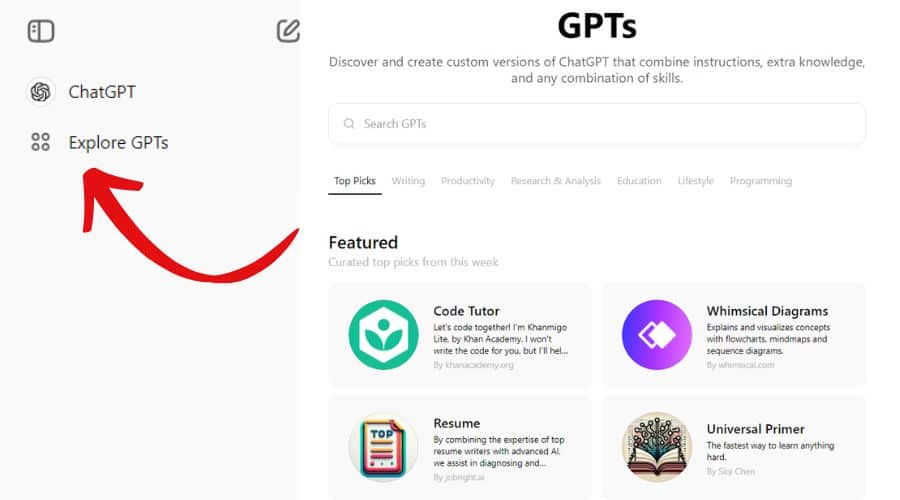 Button to access custom GPTs others have created