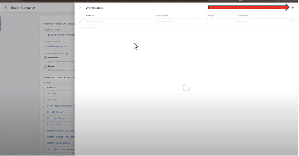 Button to create a new GTM workspace pointed out