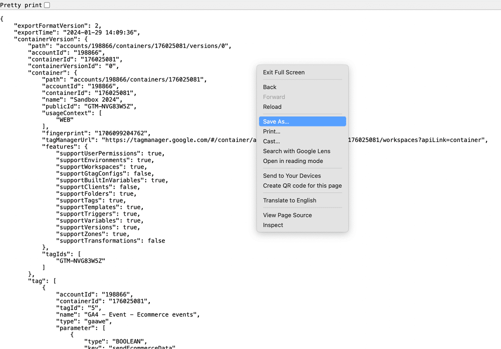 JSON code provided by GTM4WP to import their google analytics 4 container 
