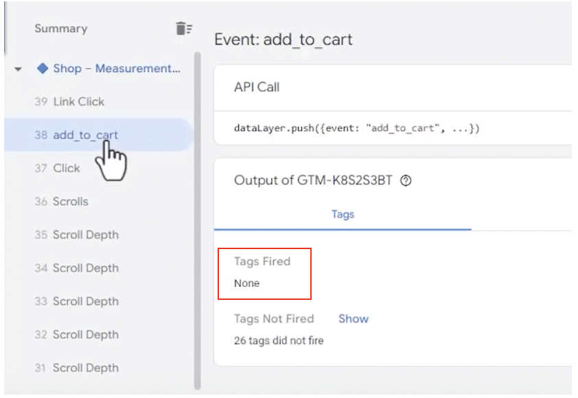 google tag assistant window with "Tags Fired" section highlighted