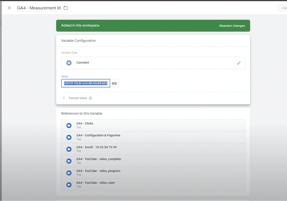 Place to add the GA4 measurement id as a constant variable
