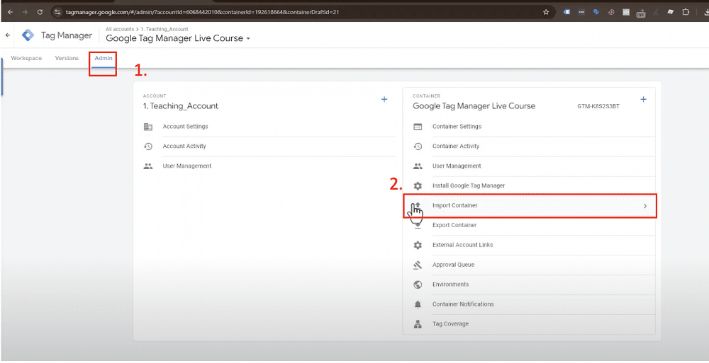 Option to import container highlighted in a gtm account's admin section