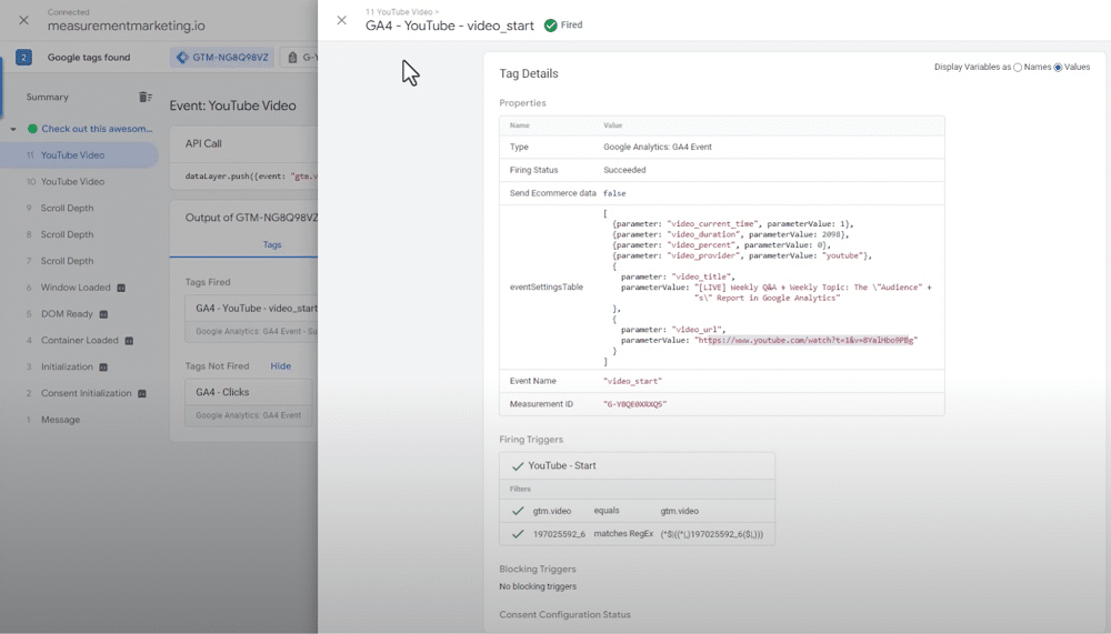 Preview mode window is showing that a tag is firing when someone start a embedded youtube video