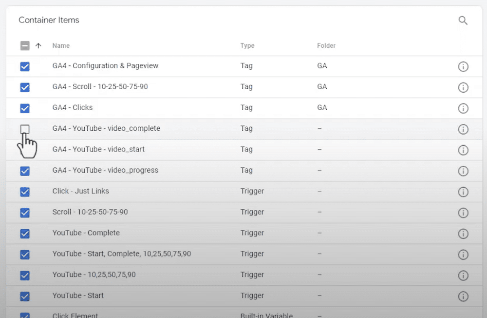 Choosing the container items to export