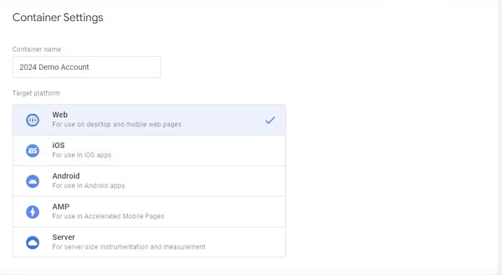 Window to name the new container and selecting its target platform