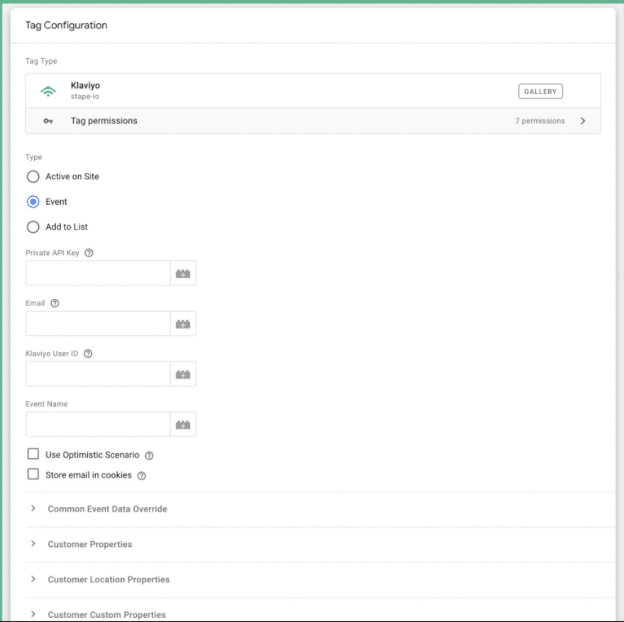 stape's klayviyo template as the 'Event' type