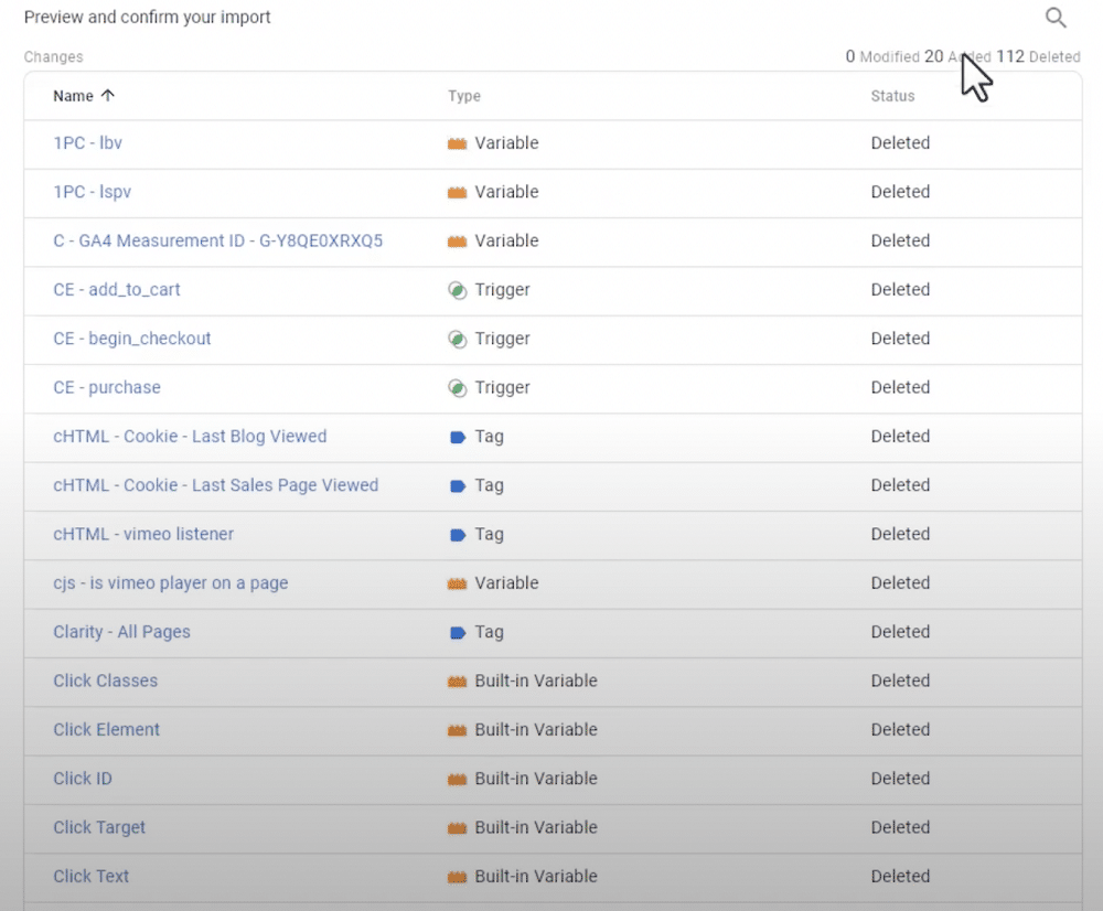 list of variables, triggers & tags that would be imported from the GTM container