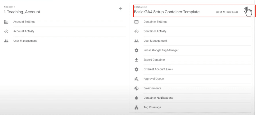 + icon highlighted which is being used to create new GTM container