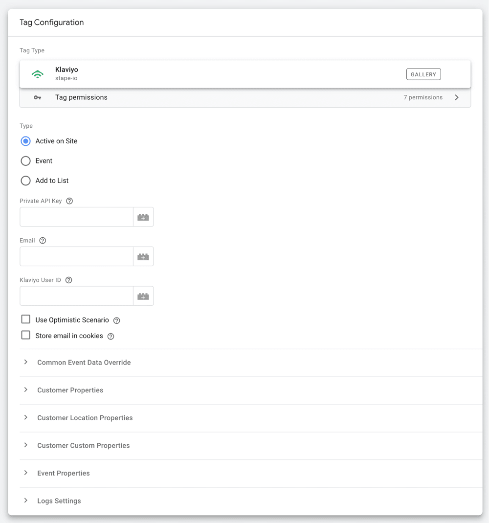 stape's klayviyo template as the 'Active on site' type