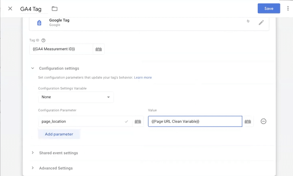 configuring `page_location` parameter of GA4 config tag