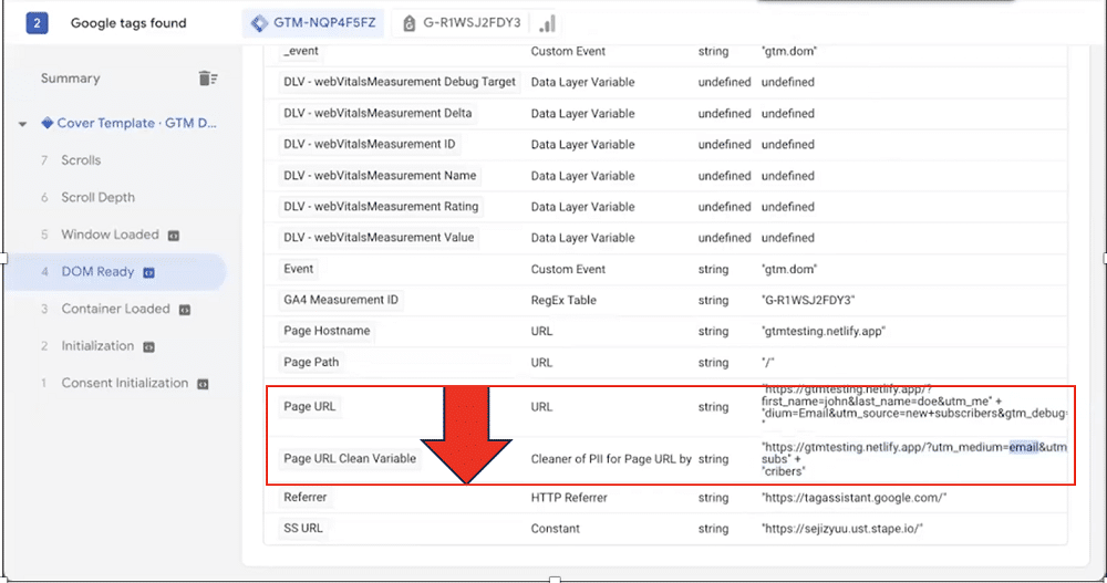 page url without PII in the GTM preview window