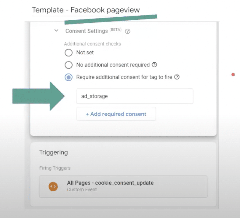 Consent setting highlighted for facebook template