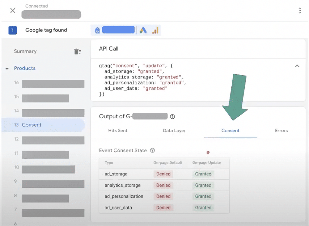 Event consent state section highlighted in a GTM preview page