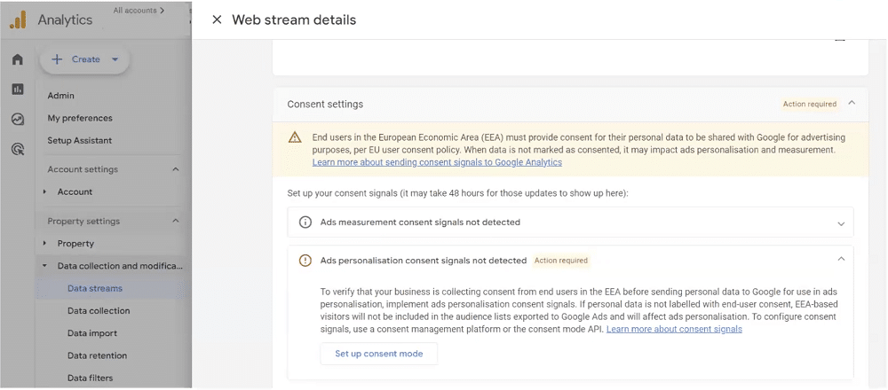 Web stream details window where you can turn on ad personalization