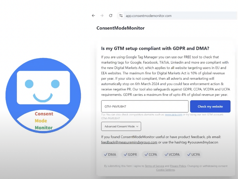 Screengrab of consent mode monitor tool's homepage