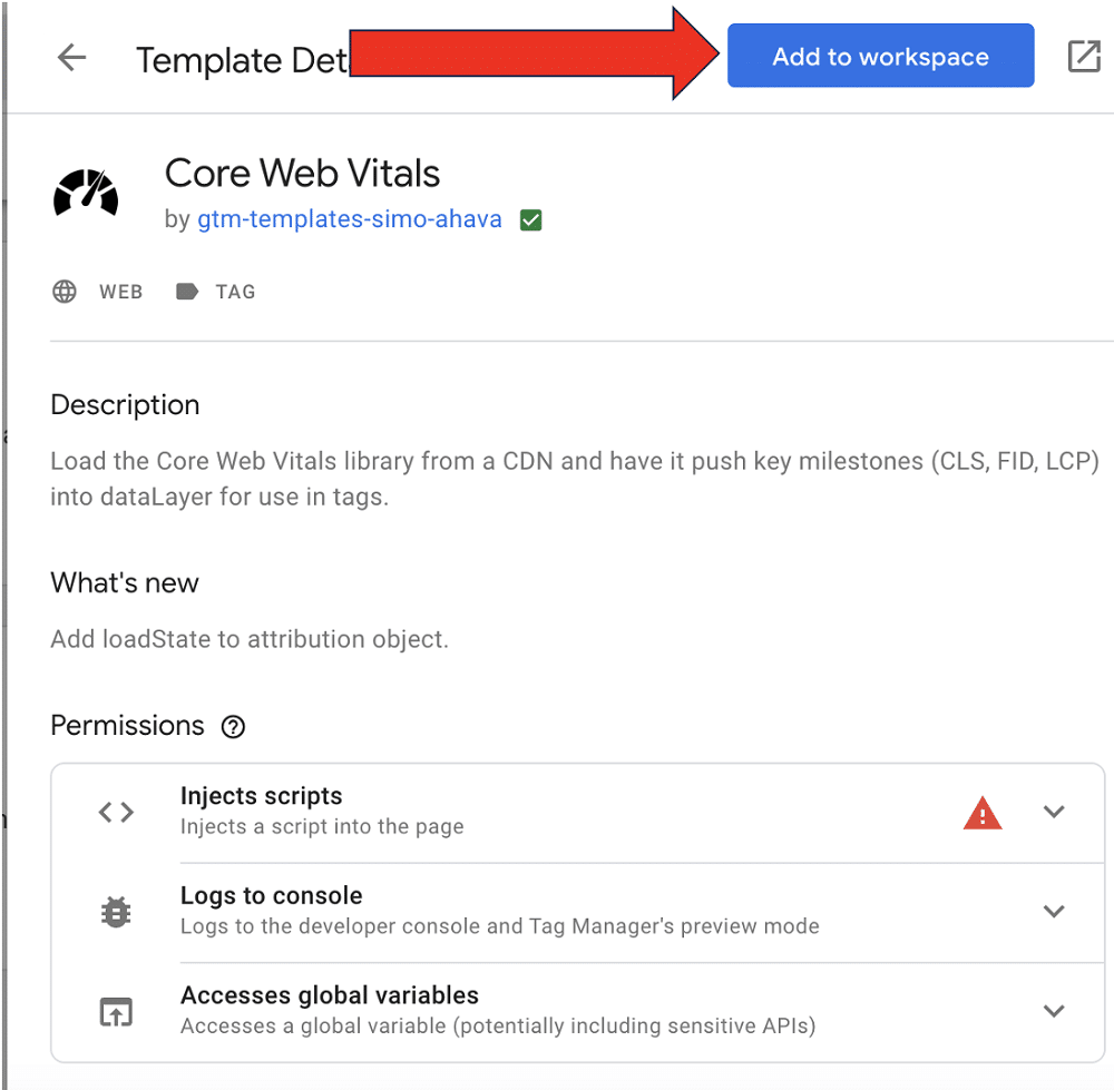 Core web vitals template's 'Add to workspace' button highlighted