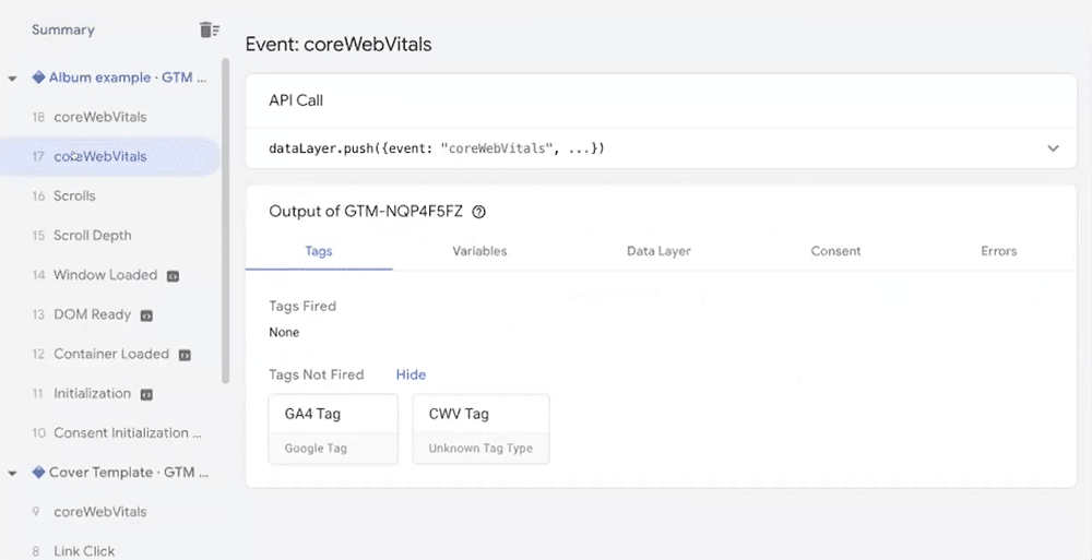 coreWebVitals are displaying within preview mode