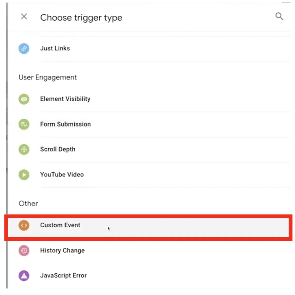 ‘Custom Event' highlighted as teh trigger type