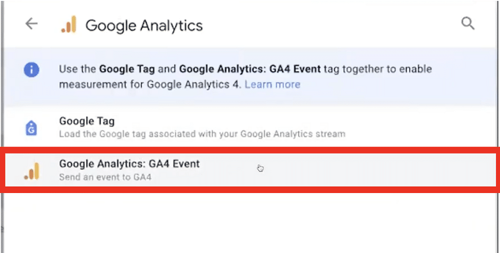 Choosing GA4 event as the tag type
