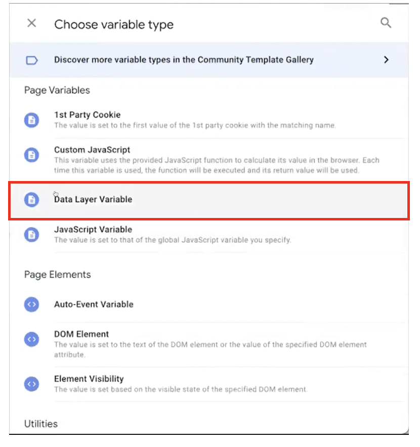 'Data Layer Variable' is highlighted from the list of variables