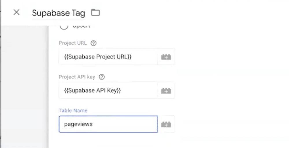Input fields are being filled for a Supabase tag