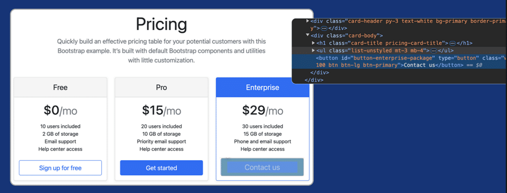 A pricing section is being inspected for their html