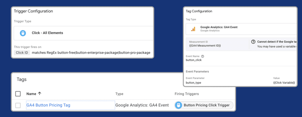 Selecting Click - All Elements to track the pricing table