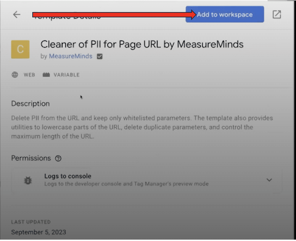 ‘Add to workspace’ button highlighted of a template