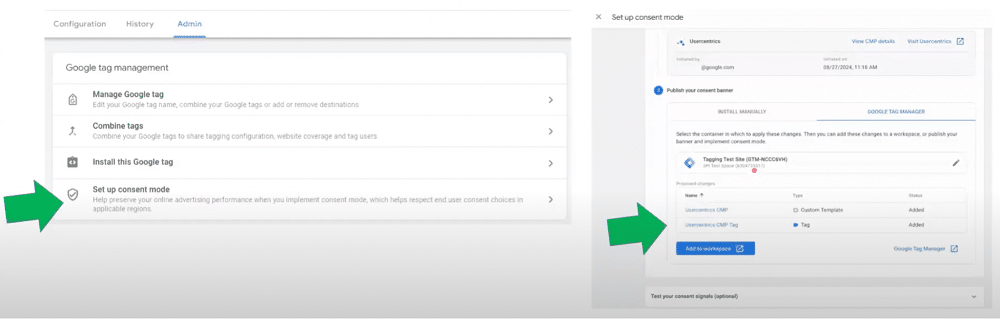 ‘Set up consent mode’ option highlighted from the google tag manager admin section