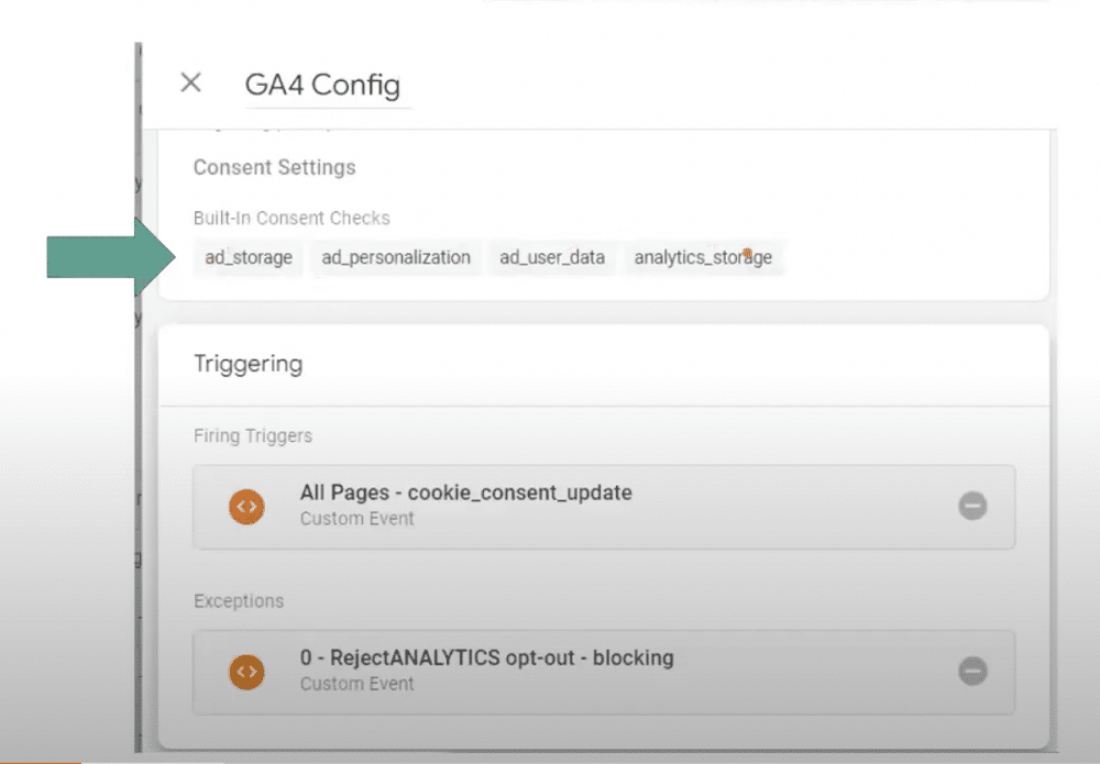 GA4 config tag's consent settings highlighted