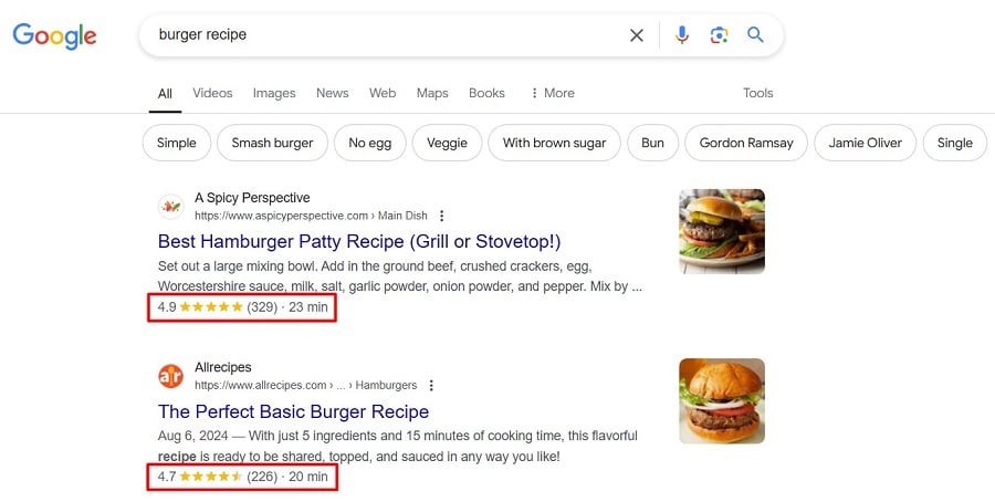 Rich results are highlighted in a google SERP