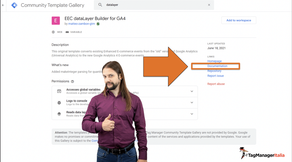 Documentation highlighted in datalayer builder for GA4