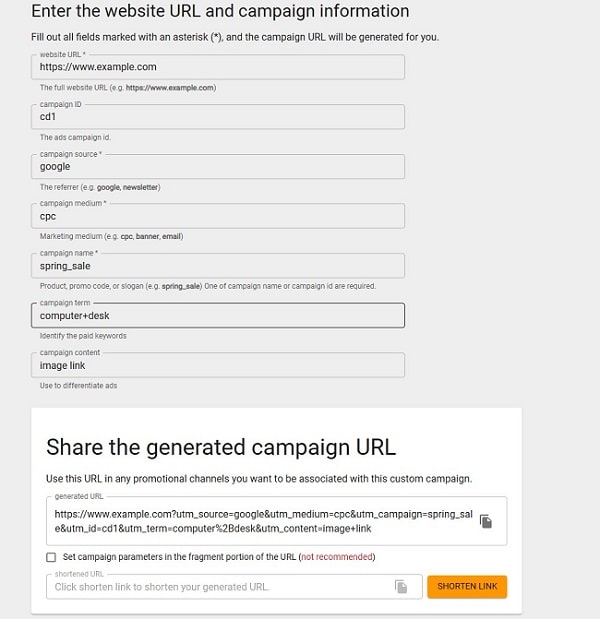 Dashboard of Campaign URL Builder