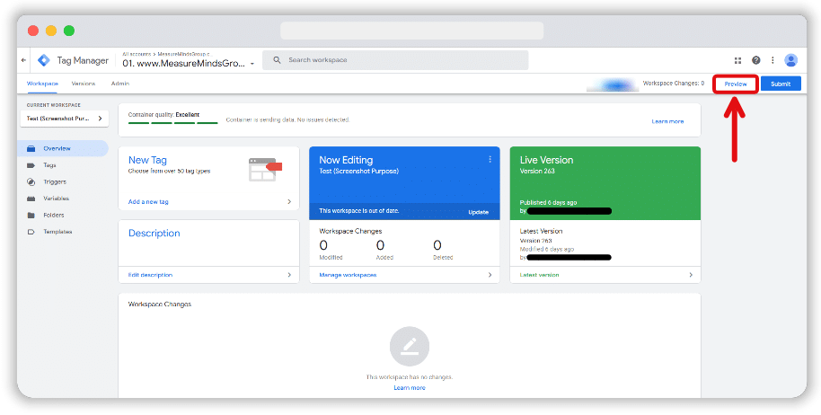 Preview button highlighed from a GTM account