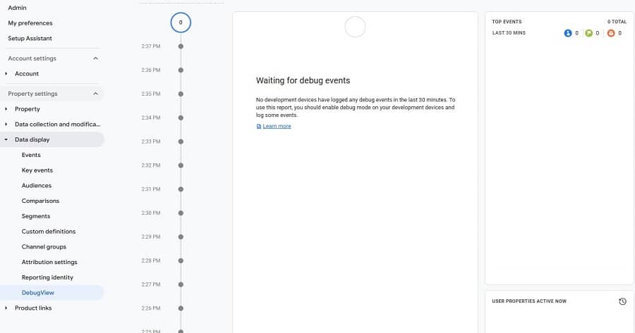 Screenshot of GA debugging tools