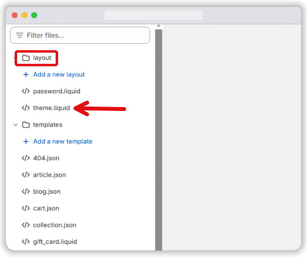 ‘theme.liquid’ option of the layout section of Shopify store's code highlighted