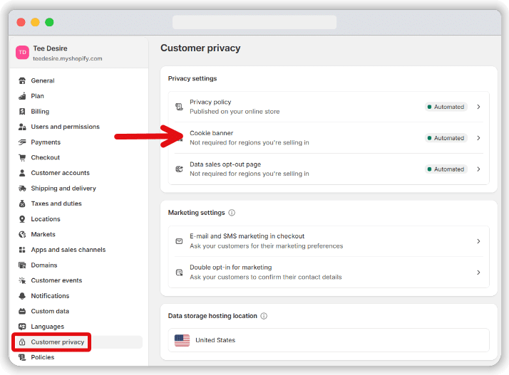 'Customer privacy' option in shopify store setting