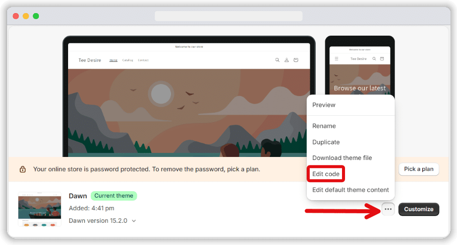 'Edit code' option highlighted from the popped up menu after clicking Three dots near to customise button