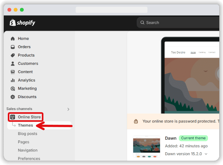 'Online store' option highlighted from a Shopify account's dashboard