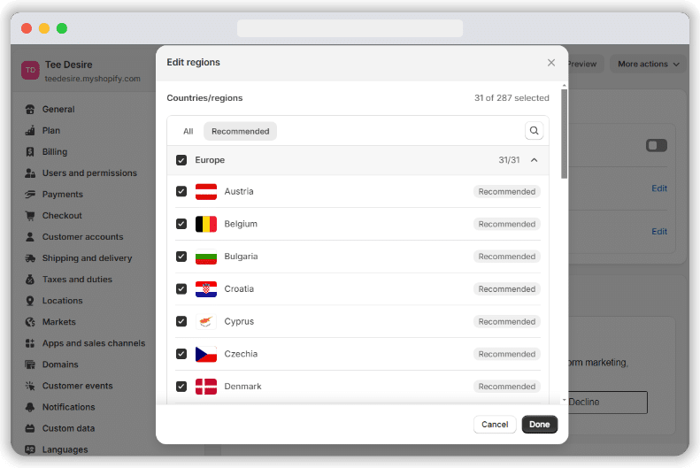 Select the regions for collection consent