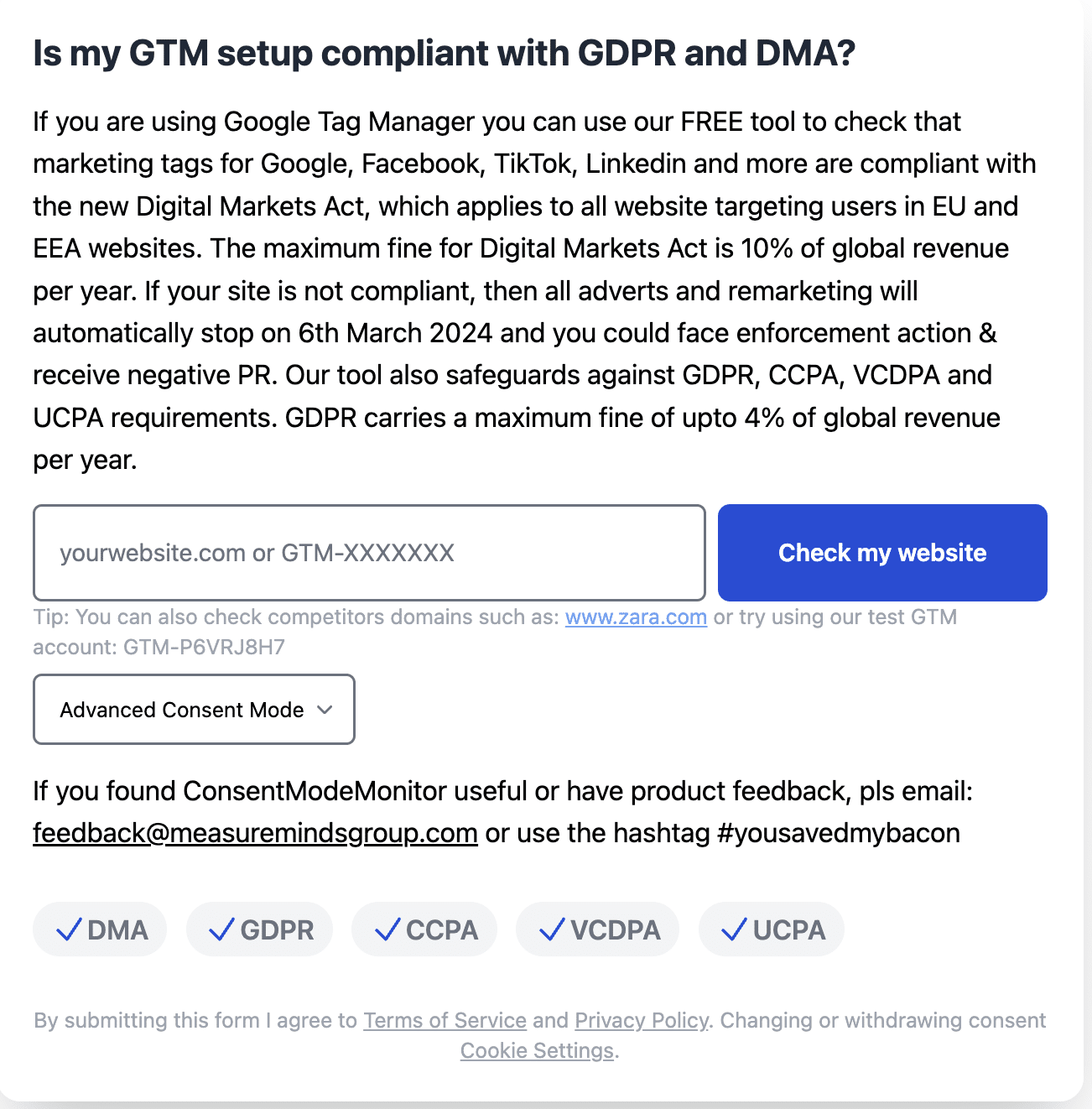 Interface of the consent mode monitor app's homepage