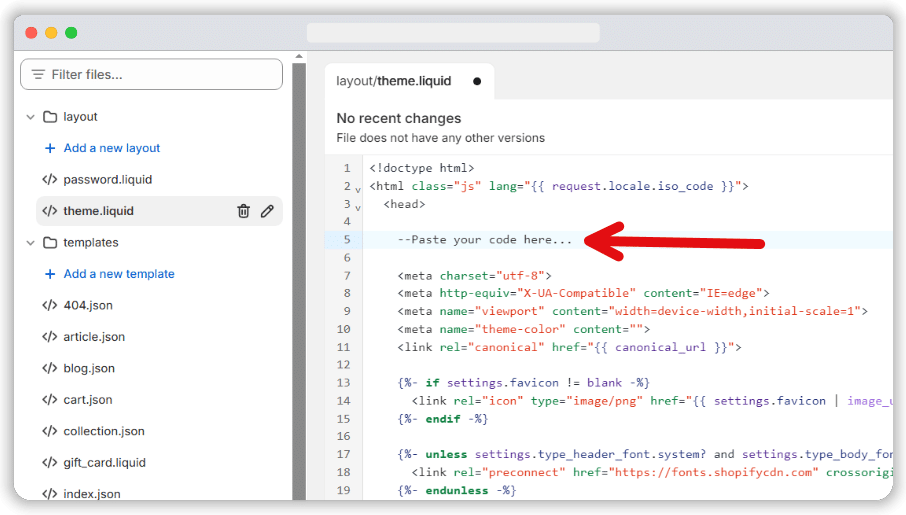 place to paste JS code in shopify theme for consent managemetn