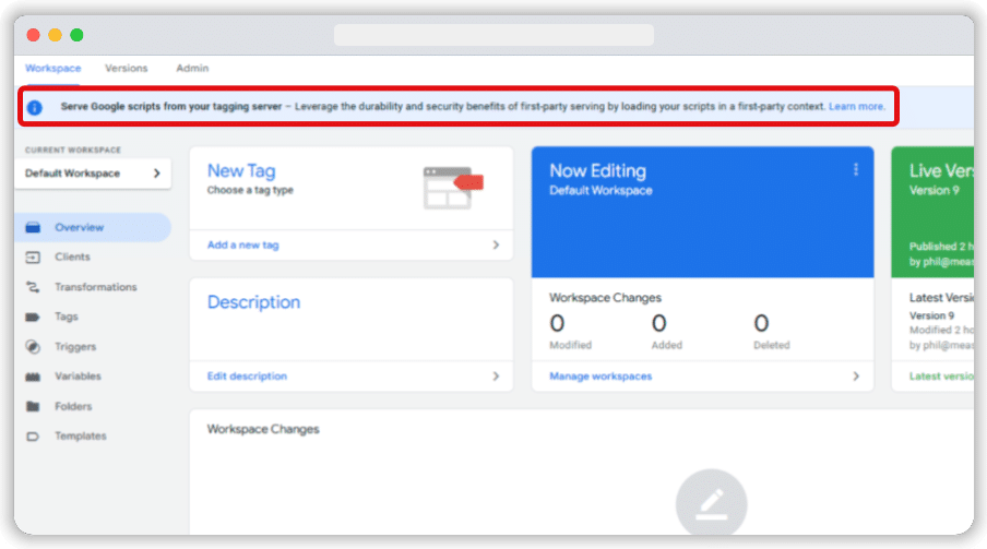 Alert message showing in server side google tag manager account asking people to use their new first party mode